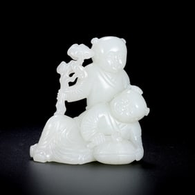 18TH CENTURY, CHINA QING DYNASTY HOTAN WHITE JADE DOUBLE BOY STATUE