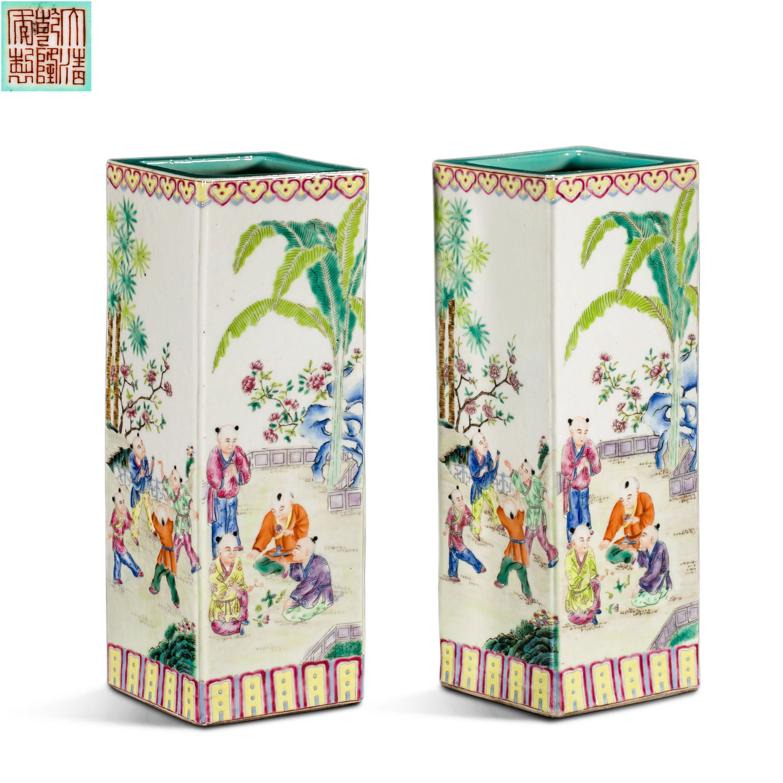 18A PAIR OF SQUARE BRUSH HOLDERS WITH BABY PLAY PATTERNS, QIANLONG PERIOD, QING DYNASTY, CHINA