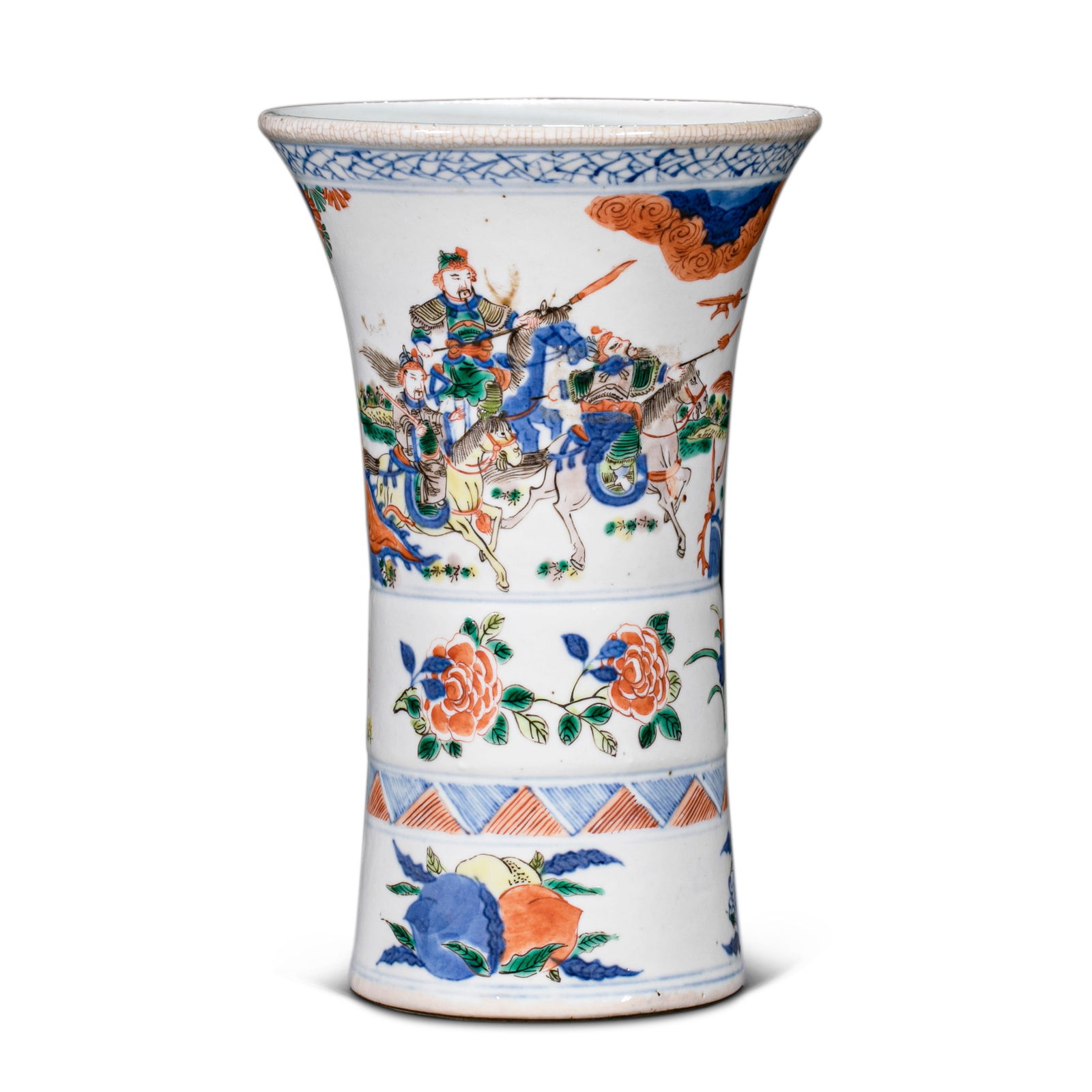 17A FIVE-COLOR VASE WITH STORY PATTERNS FROM THE KANGXI PERIOD OF THE QING DYNASTY: H. 22 cm. L. 14 cm.
