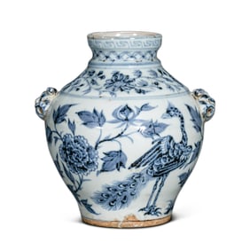 13-14A BLUE AND WHITE JAR WITH DOUBLE ANIMAL HEADS AND FLOWER AND BIRD PATTERNS, YUAN DYNASTY, CHINA