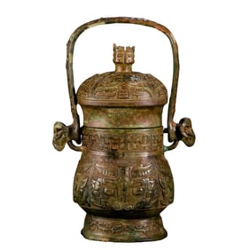 B.C.17CENTURY—B.C.11BRONZE JAR WITH HANDLE AND LID, SHANG AND ZHOU DYNASTY, CHINA