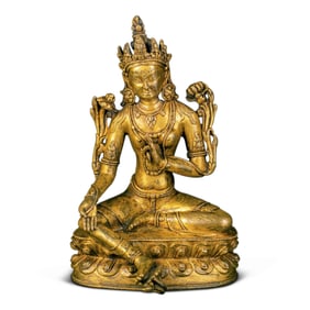 NEPAL, MALLA DYNASTY, GILT-BRONZE SEATED STATUE OF GREEN TARA