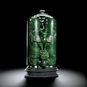 18A CHINESE HETIAN JADE VASE WITH AUSPICIOUS ANIMAL PATTERNS, QING DYNASTY, DOUBLE-COVERED
