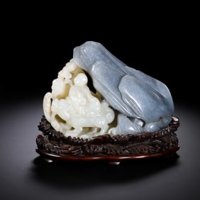 18CENTURY, CHINA QING DYNASTY HETIAN JADE BLUE AND WHITE CARVED ORNAMENT