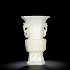 18A CHINESE HETIAN WHITE JADE VASE WITH DOUBLE-RING HANDLES, QING DYNASTY, 18TH CENTURY