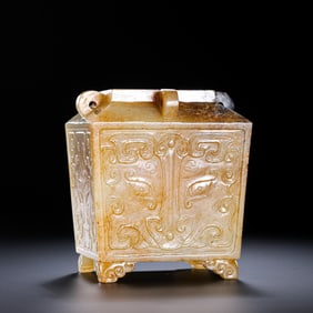 18A CHINESE HETIAN JADE JAR WITH ANIMAL FACES, QING DYNASTY, 16TH CENTURY