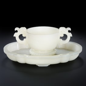 18END OF THE CENTURY19EARLY 20TH CENTURY?, A SET OF HETIAN WHITE JADE DOUBLE-HANDLED CUPS FROM THE