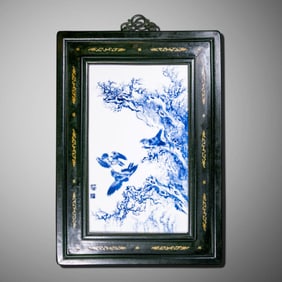 20CENTURY, BLUE AND WHITE PORCELAIN PANEL PAINTING WITH FLOWER AND BIRD PATTERNS