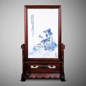 20CENTURY, BLUE AND WHITE PORCELAIN PANEL PAINTING BY ART MASTER WANG BU