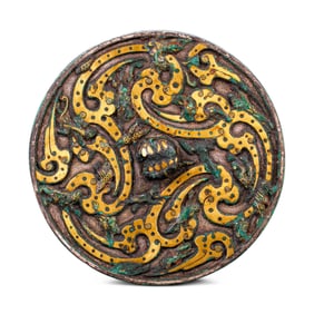 B.C.475-221A BRONZE MIRROR INLAID WITH GOLD AND SILVER FROM THE WARRING STATES PERIOD, CHINA