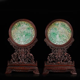 18A PAIR OF ROSEWOOD AND JADEITE SCREENS FROM THE QING DYNASTY, CHINA