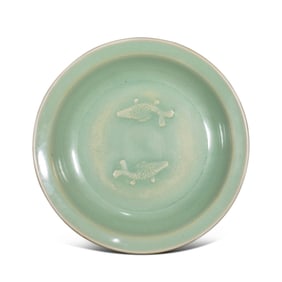 12-13CENTURY, CHINA SOUTHERN SONG DYNASTY LONGQUAN KILN GREEN GLAZE DOUBLE FISH WASH BASIN