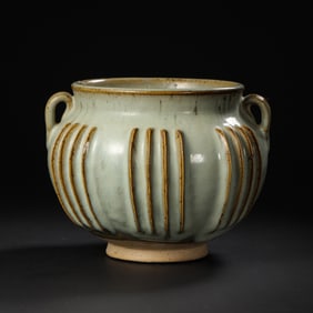 10-13CENTURY, CHINA SONG DYNASTY JUN KILN SKY BLUE GLAZE DOUBLE-HANDLED JAR