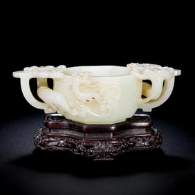 Chinese Qing Dynasty Hetian white jade double-handled furnace
