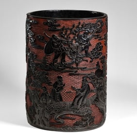 Chinese Qing Dynasty Qianlong period carved red brush holder with story patterns