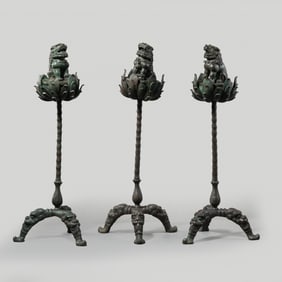 A set of Chinese Liao Dynasty bronze lion-shaped incense burners