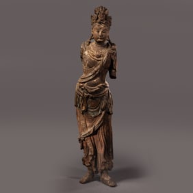 Chinese Song Dynasty wood carving of a standing Guanyin
