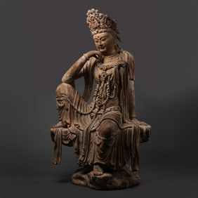 Chinese Song Dynasty wood carving of a seated Guanyin