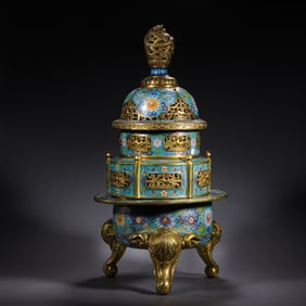Chinese cloisonné enamel three-legged incense burner from the Qianlong period of the Qing Dynasty