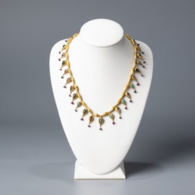 Ancient Bactrian-Greek gold necklace with garnet and turquoise gemstones, 18K
