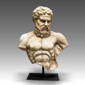 Antique Classical Roman Greek Marble Torso Bust Of Hercules with Berad