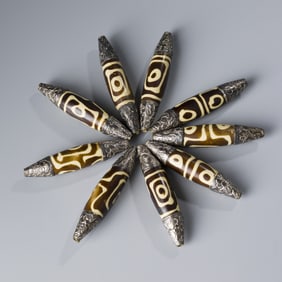 Dzi Beads Capped and Decorated with Nepalese Work, 9 pcs