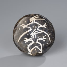 Ancient Burmese Pyu Agate-Onyx Disc-Shaped Bead with Rare Painted Motif