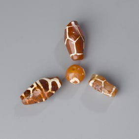 Set of 4 Ancient Etched Carnelian Beads with Unique Patterns, 6g Total