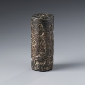 Ancient Bactrian Cylinder Seal Bead in Black Stone, 2.6 x 6.2 cm, 83g