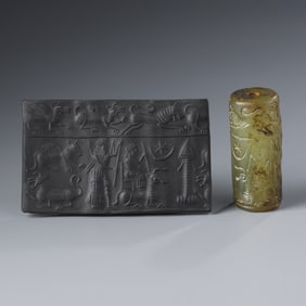 Achaemenid Near Eastern Green Agate Cylinder Intaglio Seal Bead