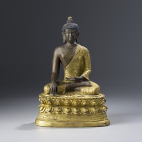 Qing Dynasty Himalayan Tibetan Gilt Bronze Buddha Seated on Double Lotus Base