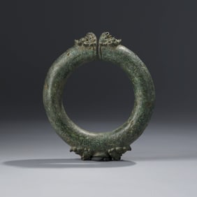 Ancient Cambodian Bronze Bracelet with Dragon Head Hinged Terminal, 12th Century