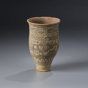 Ancient Indus Valley Painted Pottery Jar with Unique Pattern and Animal Motif, 11.5 x 7.4 cm, 161g