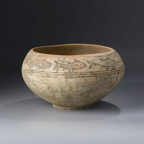 Rare Indus Valley Painted Terracotta Clay Pottery Bowl with Fish Motif