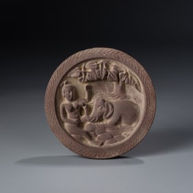 Rare Gandharan Red Stone Palette with Engraved Figure Scene