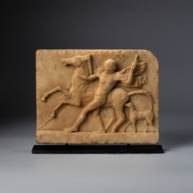 Ancient Greek Marble Bas-Relief Carving of Man with Horse and Dog