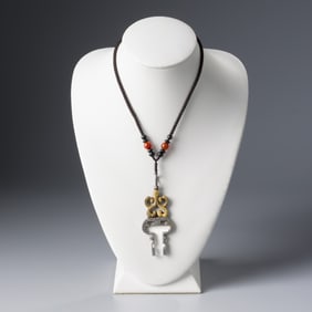 Ancient Tibetan Gilt Bronze Key Motif Amulet Pendant with Hand-Knotted Soft Fabric Necklace