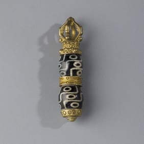 Rare Tibetan Double Dzi Beads Bronze Amulet Pendant