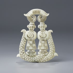 Ancient Chinese Zhou Dynasty White Jade Pendant – 2 Carved Figurines