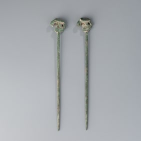Rare Ancient Roman-Greek Bronze Hair & Cloak Pins with Bird Finials (Set of 2)