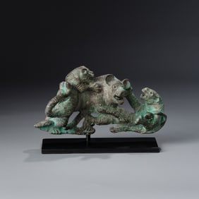 Ancient Chinese Bronze Buckle with Tigers and Wild Boar Scene