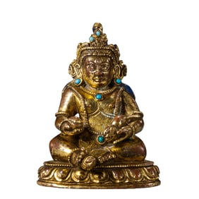 Chinese Qing Dynasty Gilt Bronze Seated God of Wealth Inlaid with Turquoise