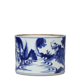 Chinese Qing Dynasty Blue and White Porcelain Brush Pot with Figure and Story Design