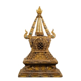 Chinese Ming Dynasty Gilt Bronze Pagoda Inlaid with Turquoise