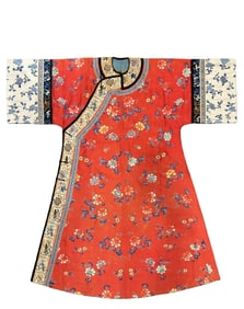 Chinese Qing Dynasty Red Satin Shirt with Peony Floral Pattern