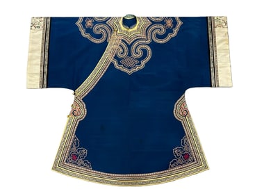 Chinese Qing Dynasty Blue Satin Robe with Figural and Story Patterns