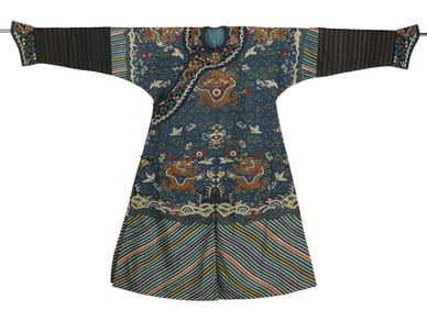 Blue silk dragon robe with auspicious clouds and gold dragon design from the Qing Dynasty, China