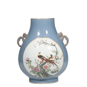 Chinese Qing Dynasty Famille Rose Floral and Bird Pattern Double-Eared Vase
