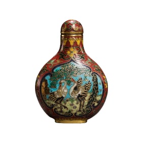 Chinese Qing Dynasty Enamel-Painted Snuff Bottle with Double Crane Design