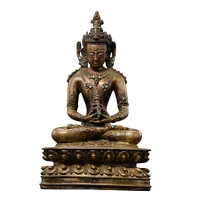 Chinese Ming Dynasty Gilt Bronze Seated Buddha Statue Inlaid with Gemstones